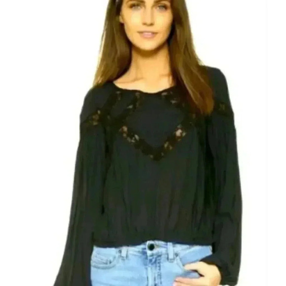 Free People Black Lace Long Sleeved Top - Picture 1 of 7